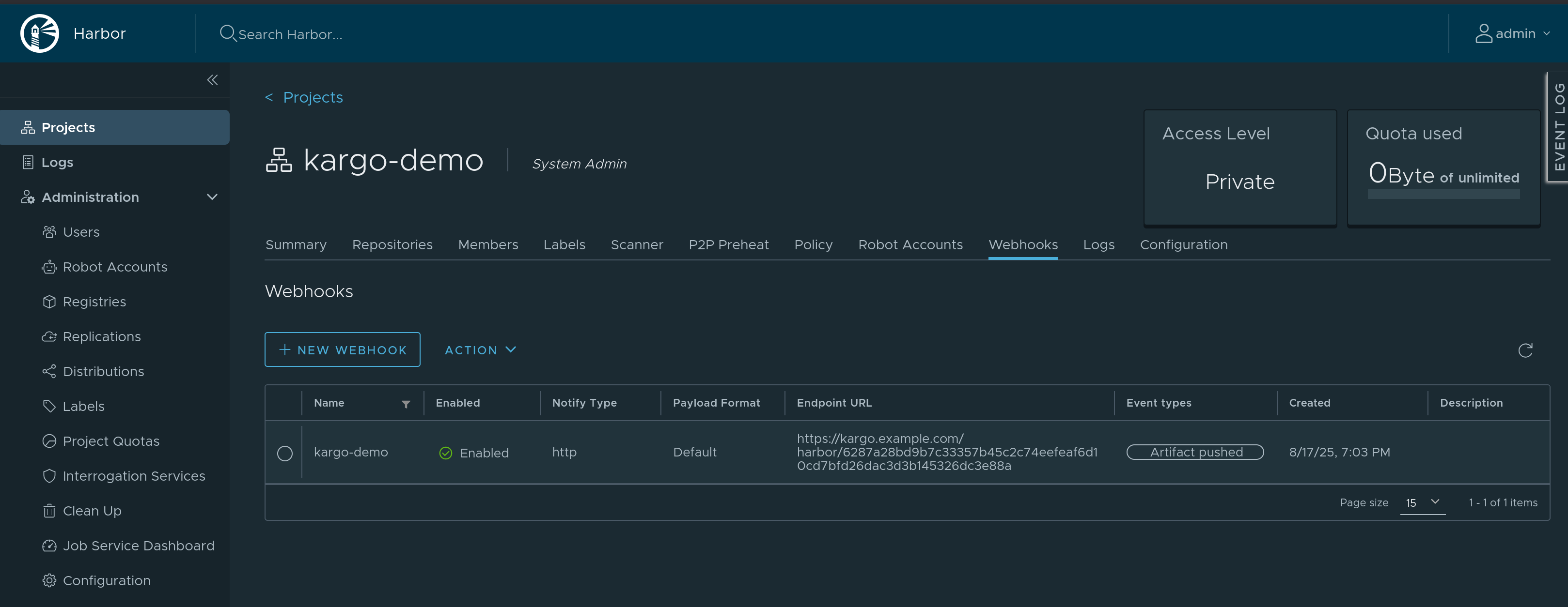 Webhooks View After Adding Webhook